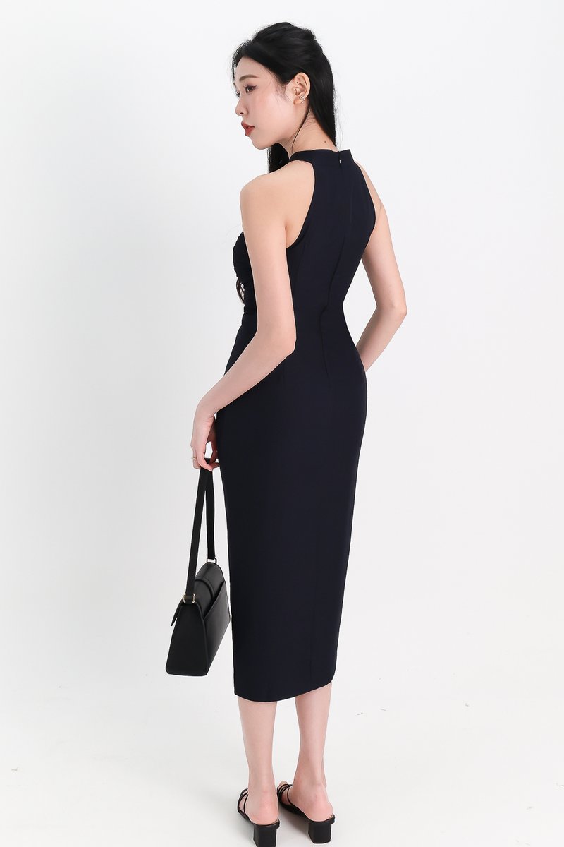 Maya Mesh Ruched Dress in Midnight