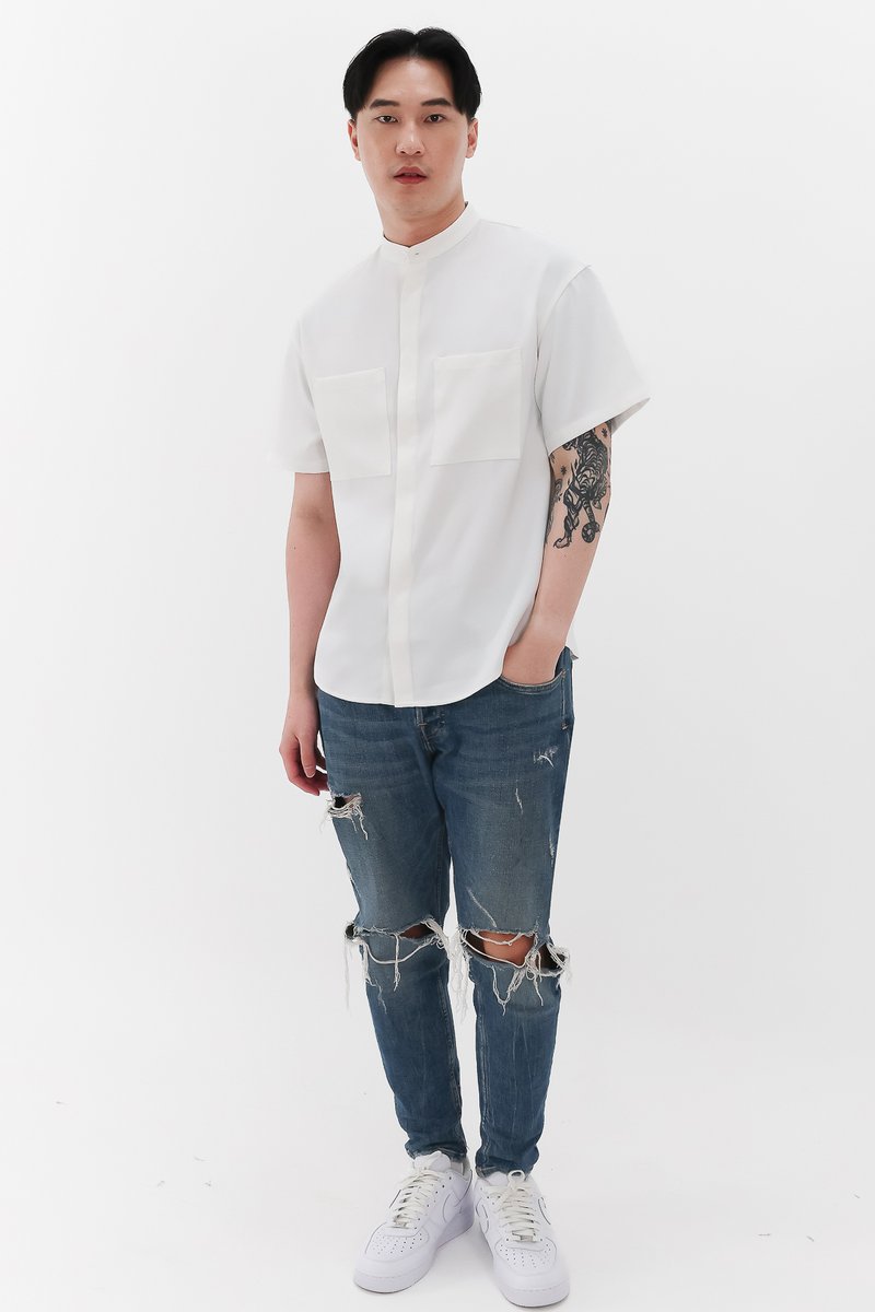 Defect | Men Mandarin Collar Shirt in White in XL