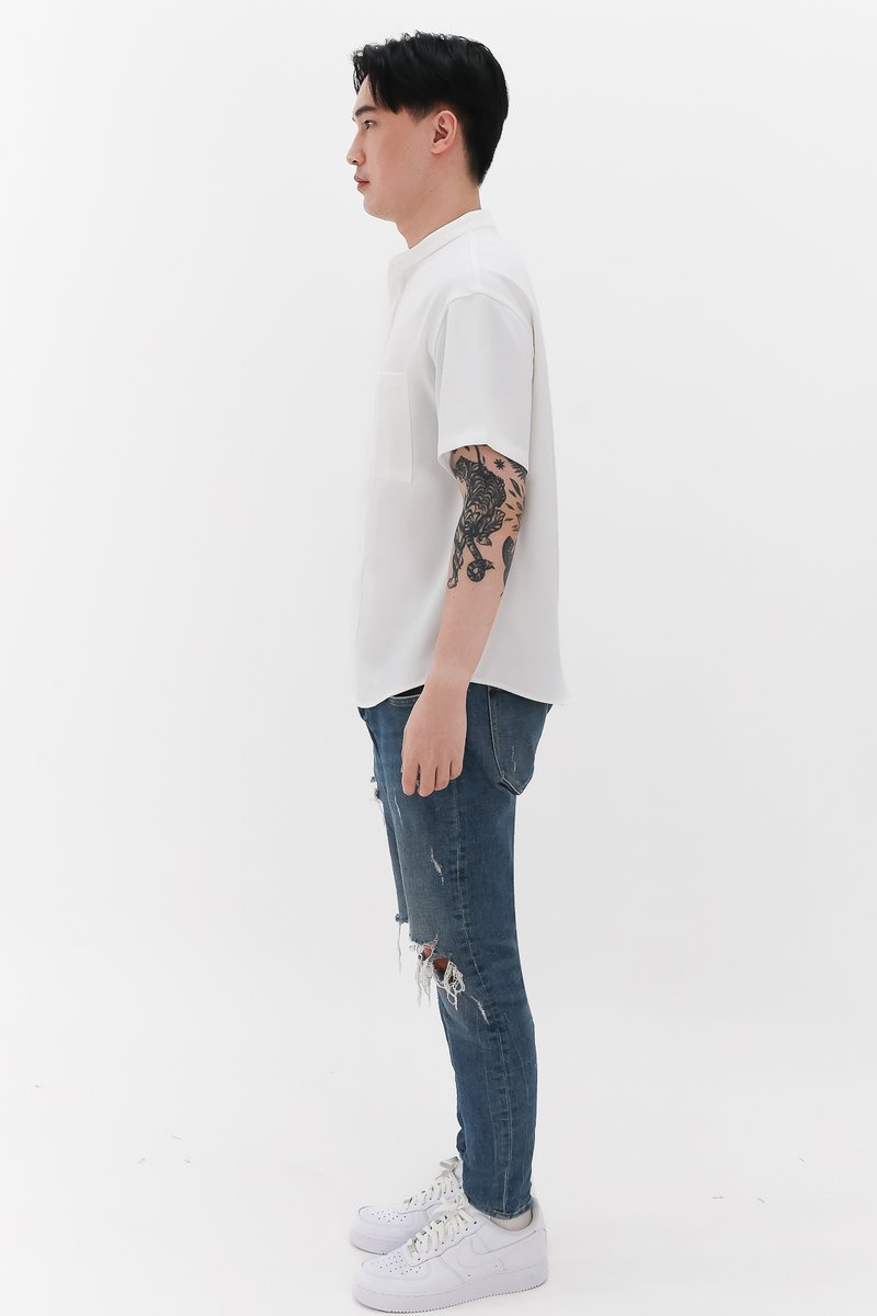 Defect | Men Mandarin Collar Shirt in White in XL