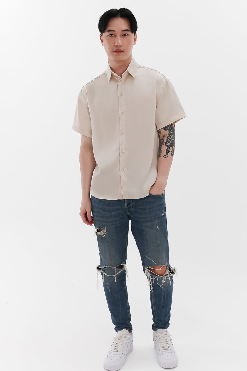 DEFECT | Men Collared Satin Shirt in Champagne in M DEFECT | Men Collared Satin Shirt in Champagne in M