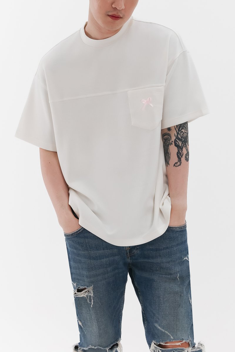DEFECT | Men Ribbon Pocket Tee in White x Pink Ribbon in XL