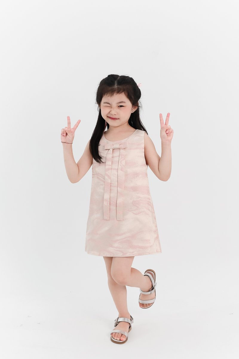 DEFECT | Girl Jacquard Ribbon Dress in Pastel Pink x Light Gold in 3YO