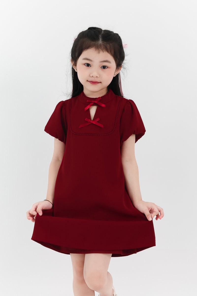 Girl Puffy Sleeve Ribbon Dress in Maroon Girl Puffy Sleeve Ribbon Dress in Maroon