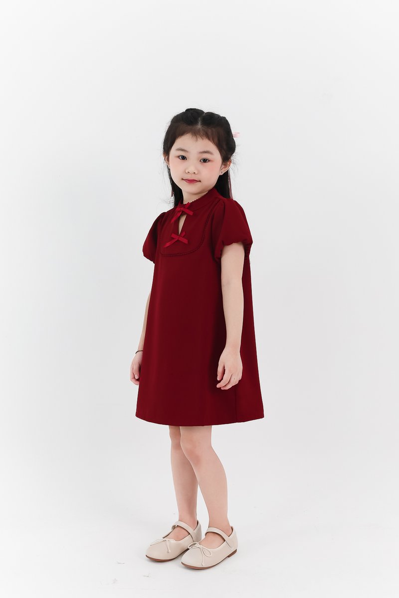 Girl Puffy Sleeve Ribbon Dress in Maroon Girl Puffy Sleeve Ribbon Dress in Maroon