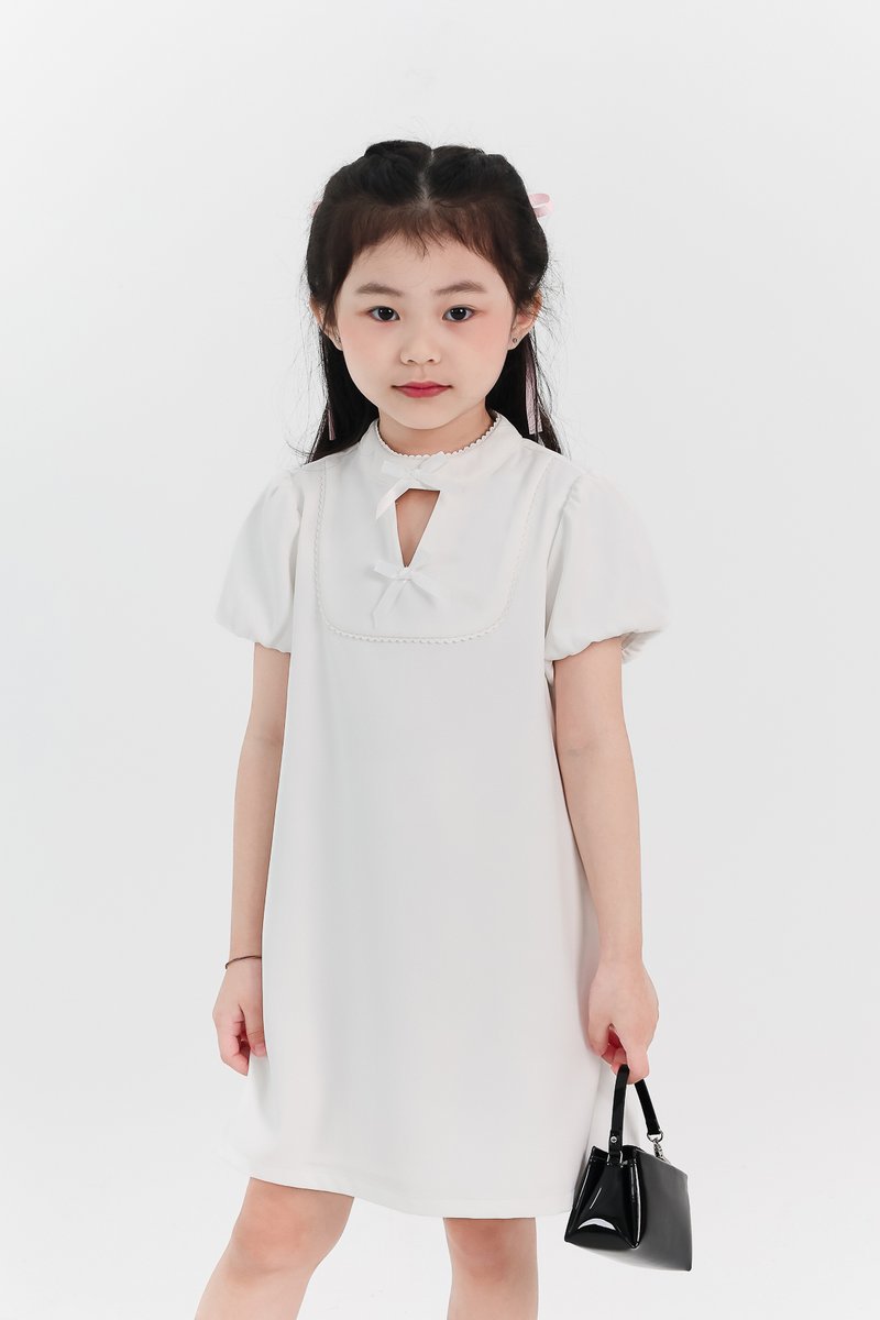 Girl Puffy Sleeve Ribbon Dress in White