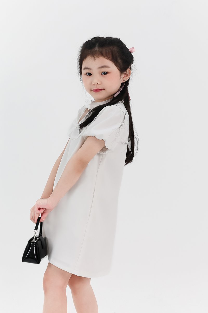 Girl Puffy Sleeve Ribbon Dress in White