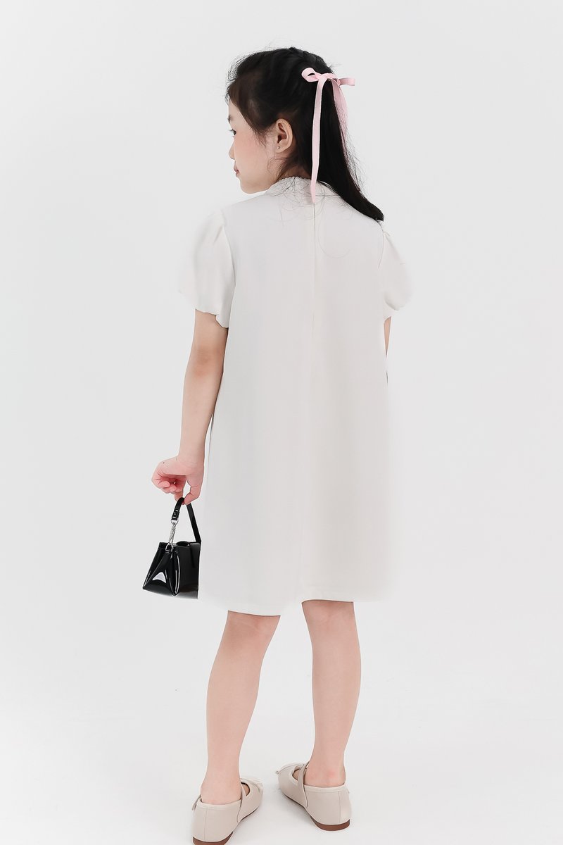 Girl Puffy Sleeve Ribbon Dress in White