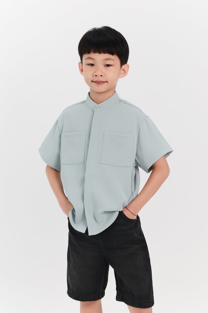 Boy Mandarin Collar Shirt in Seafoam Jade Boy Mandarin Collar Shirt in Seafoam Jade