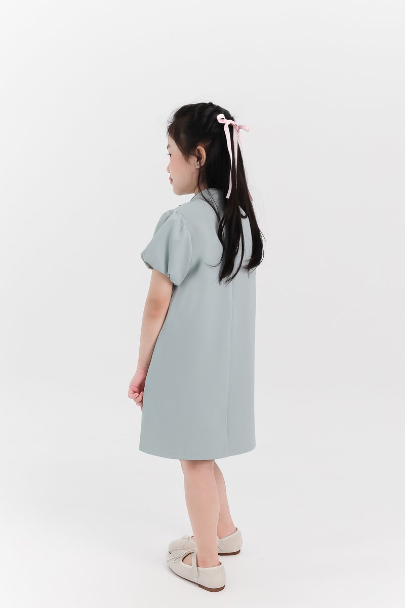Girl Puffy Sleeve Ribbon Dress in Seafoam Jade