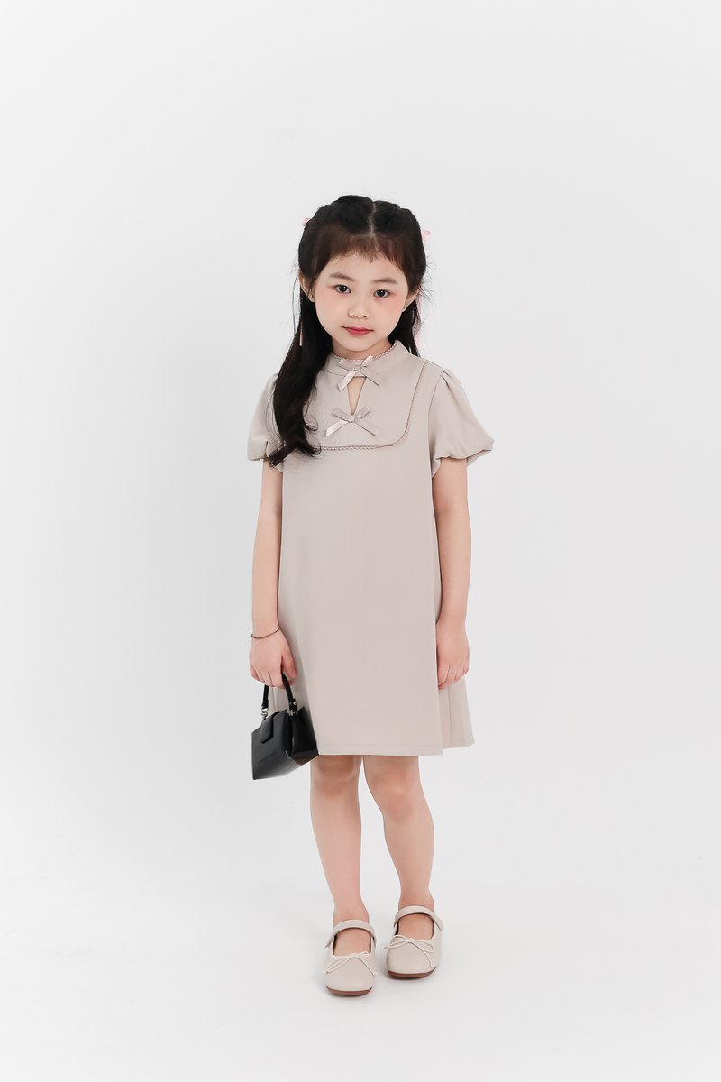 Girl Puffy Sleeve Ribbon Dress in Nude Grey