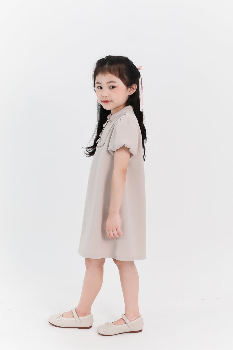 Girl Puffy Sleeve Ribbon Dress in Nude Grey