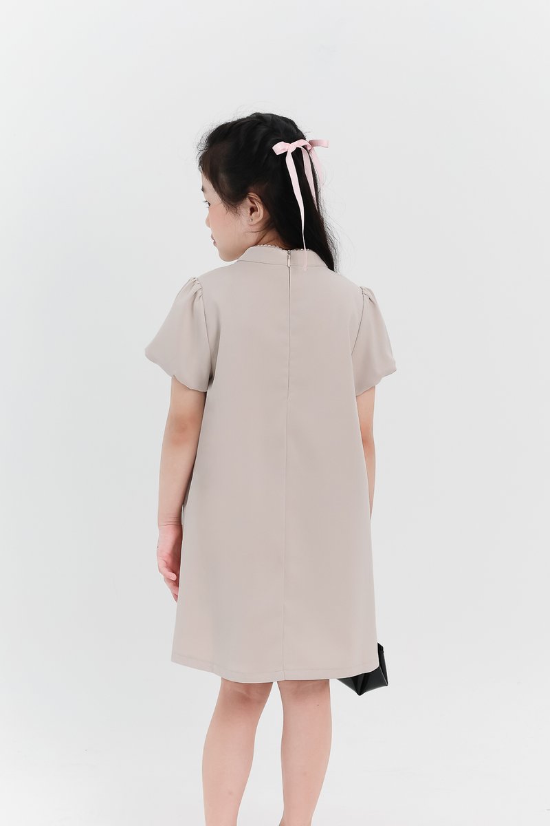 Girl Puffy Sleeve Ribbon Dress in Nude Grey