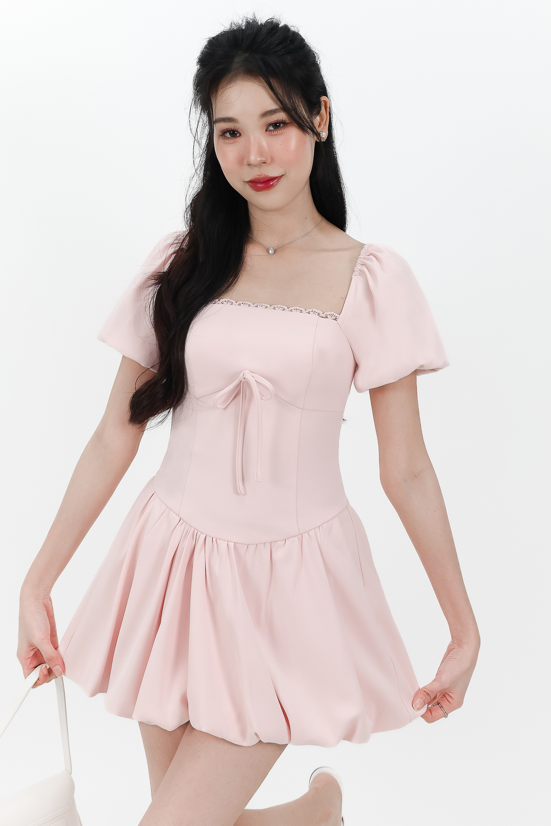 Skyler Sleeved Bubble Romper Dress in Pastel Pink | The