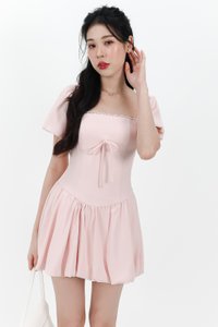 Skyler Sleeved Bubble Romper Dress in Pastel Pink