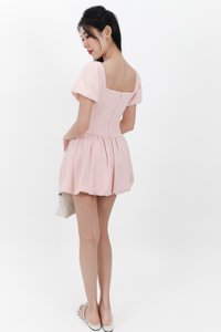 Skyler Sleeved Bubble Romper Dress in Pastel Pink