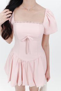 Skyler Sleeved Bubble Romper Dress in Pastel Pink