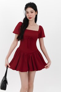 Skyler Sleeved Bubble Romper Dress in Dark Red Skyler Sleeved Bubble Romper Dress in Dark Red