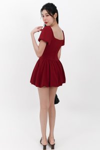 Skyler Sleeved Bubble Romper Dress in Dark Red Skyler Sleeved Bubble Romper Dress in Dark Red
