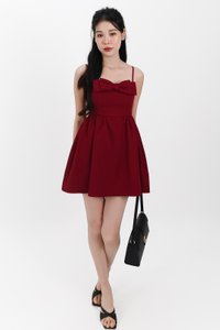 Reiya Ribbon Romper Dress in Dark Red