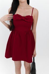 Reiya Ribbon Romper Dress in Dark Red