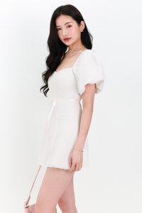 Tia Tweed Sleeved Romper Dress in White Tia Tweed Sleeved Romper Dress in White