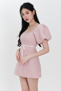 Tia Tweed Sleeved Romper Dress in Light Pink