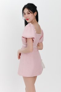 Tia Tweed Sleeved Romper Dress in Light Pink