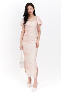 Brina Butterfly Printed Ruched Dress in Light Blush