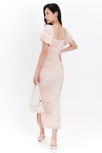 Brina Butterfly Printed Ruched Dress in Light Blush