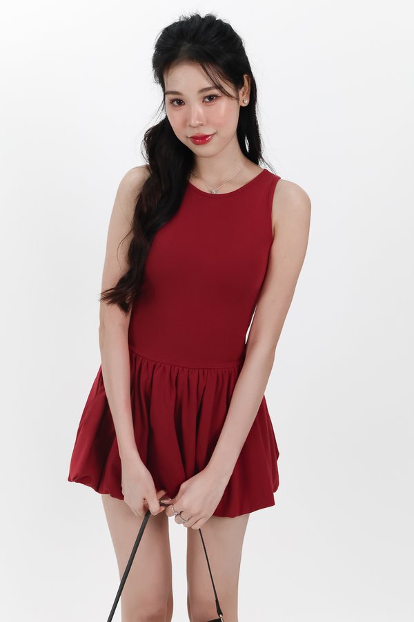 Berla Bubble Tank Romper Dress in Muted Red