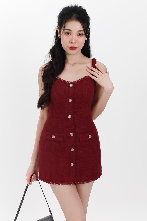 Selene Sweetheart Tweed Romper Dress in Maroon