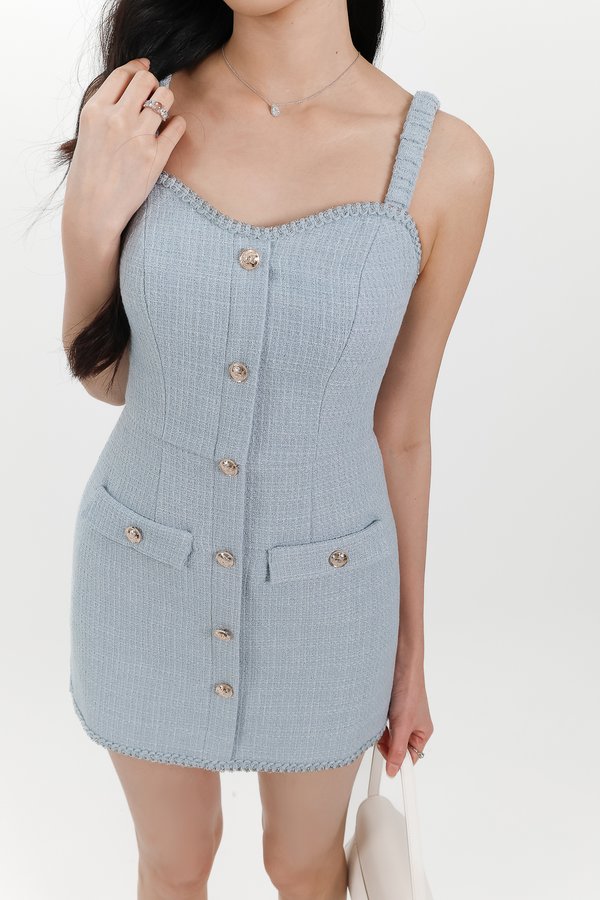 Selene Sweetheart Tweed Romper Dress V2 in Light Blue