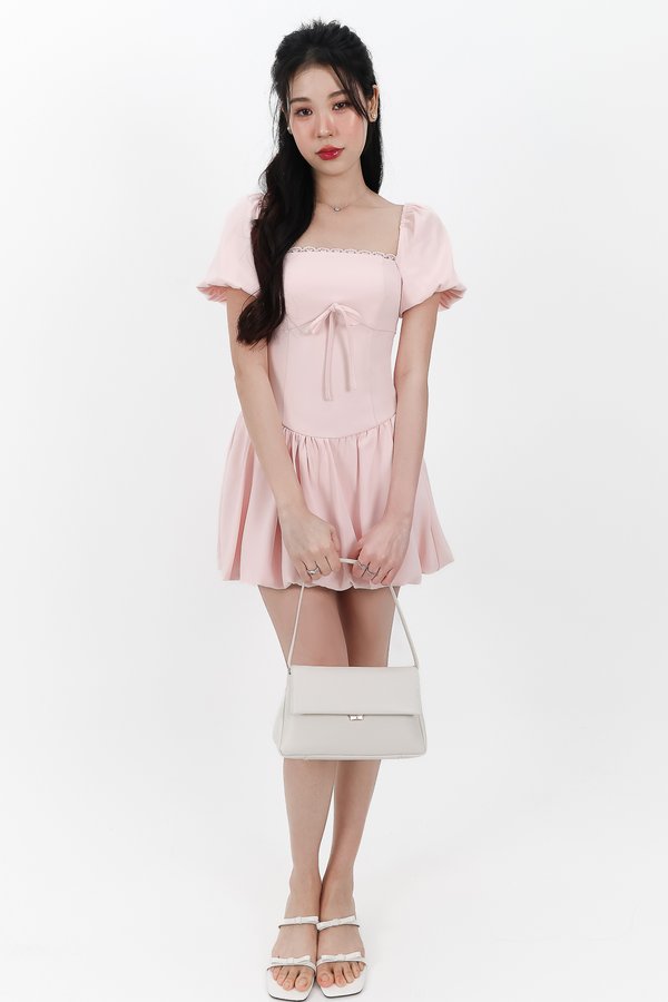 Skyler Sleeved Bubble Romper Dress in Pastel Pink