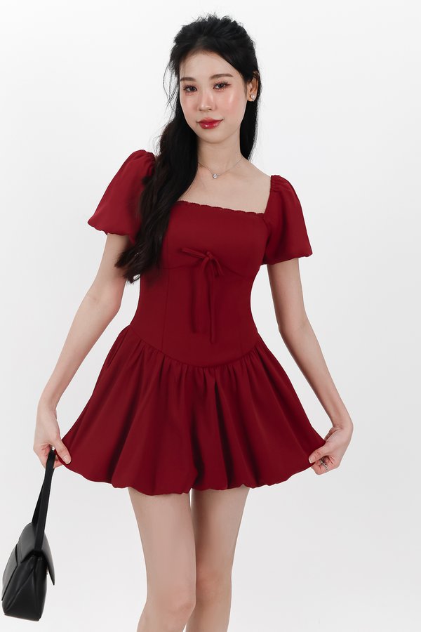 Skyler Sleeved Bubble Romper Dress in Dark Red