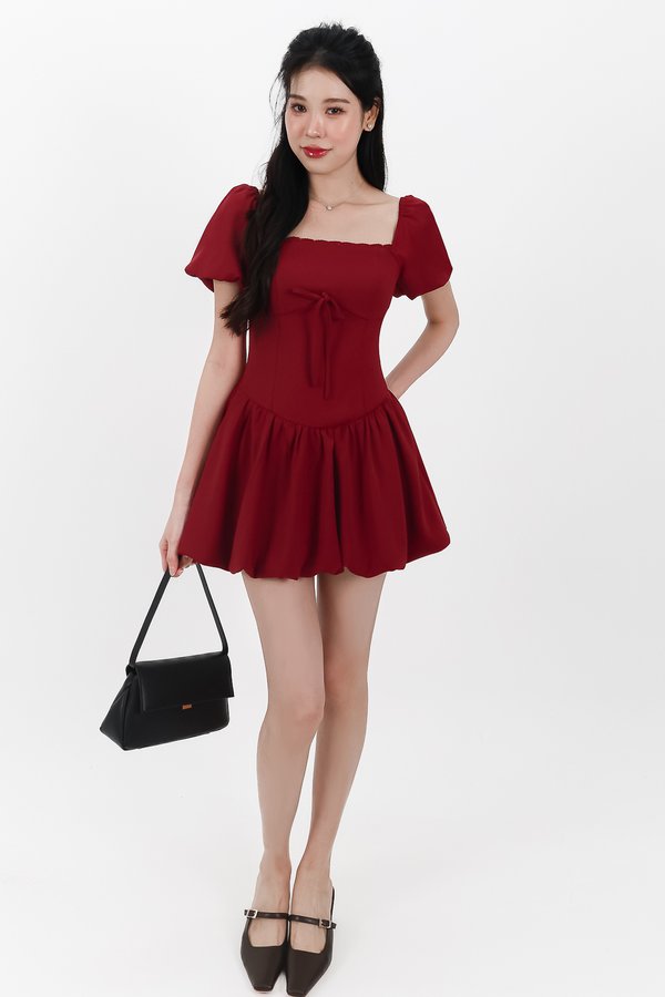 Skyler Sleeved Bubble Romper Dress in Dark Red