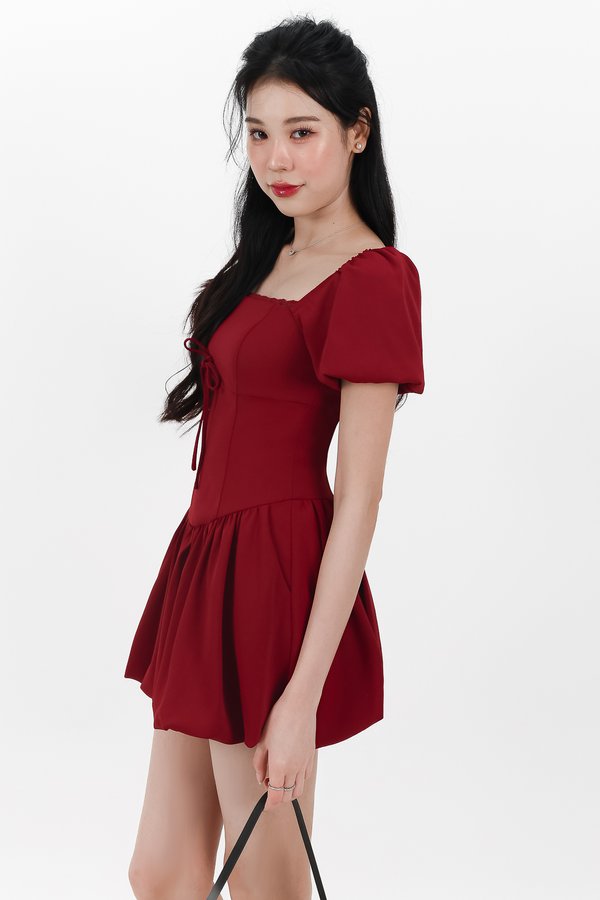 DEFECT | Skyler Sleeved Bubble Romper Dress in Dark Red in XXS