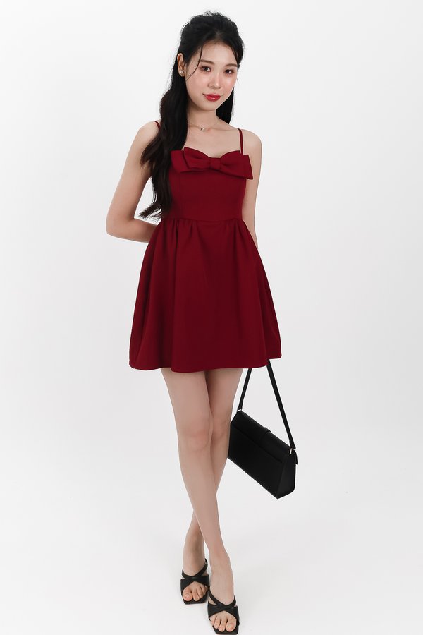 Reiya Ribbon Romper Dress in Dark Red