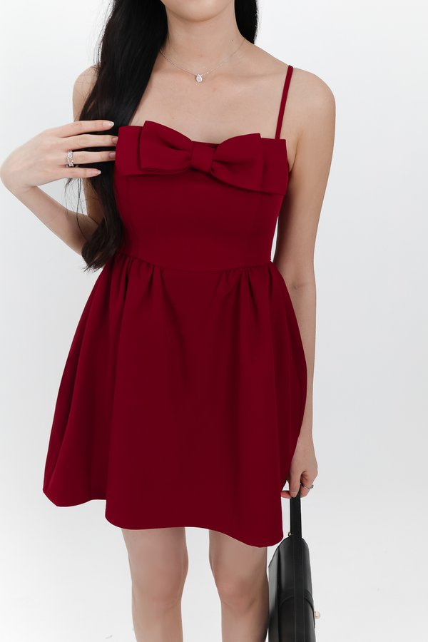 Reiya Ribbon Romper Dress in Dark Red