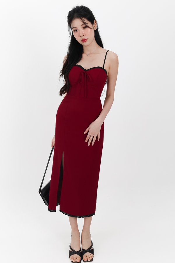 Lilian Lace Trimming Midaxi Dress in Dark Red