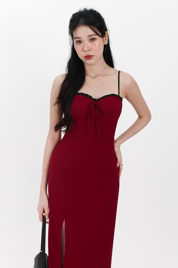 Lilian Lace Trimming Midaxi Dress in Dark Red