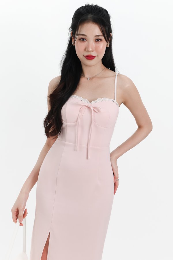 Lilian Lace Trimming Midaxi Dress in Pastel Pink