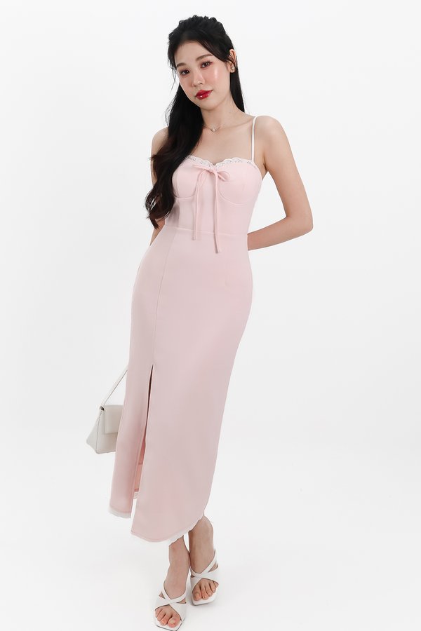 Lilian Lace Trimming Midaxi Dress in Pastel Pink