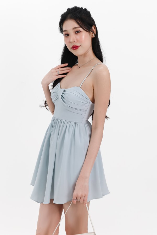 Tennia Twist Knot Romper Dress in Ice Blue