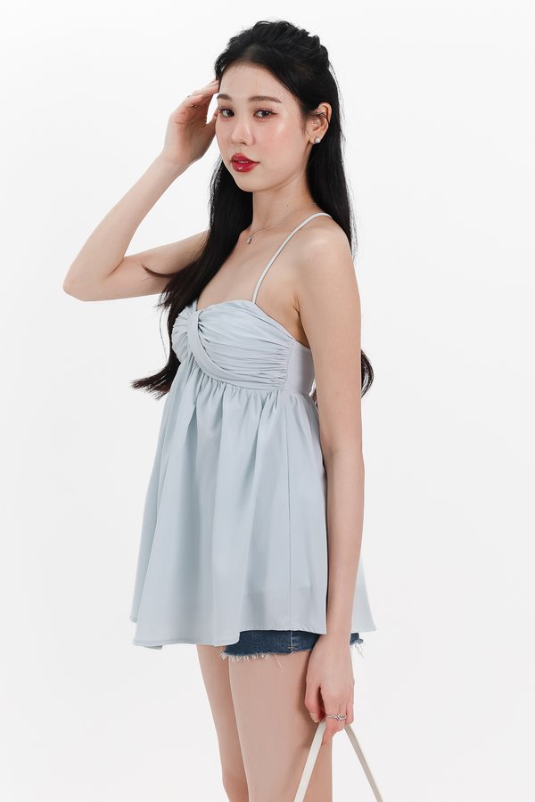 DEFECT | Tenla Twist Knot Cross Back Babydoll Top in Ice Blue in S