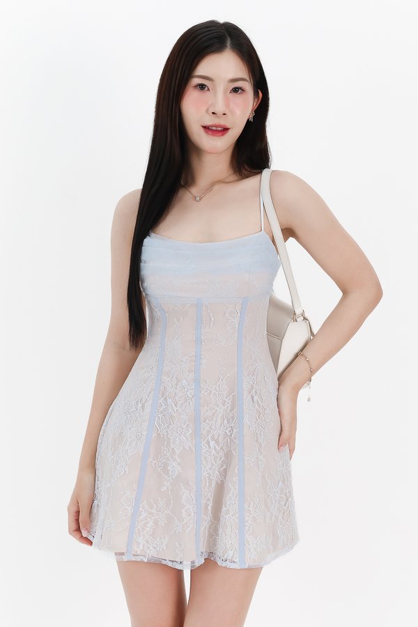 Luna Lace Romper Dress in Light Blue x Light Nude