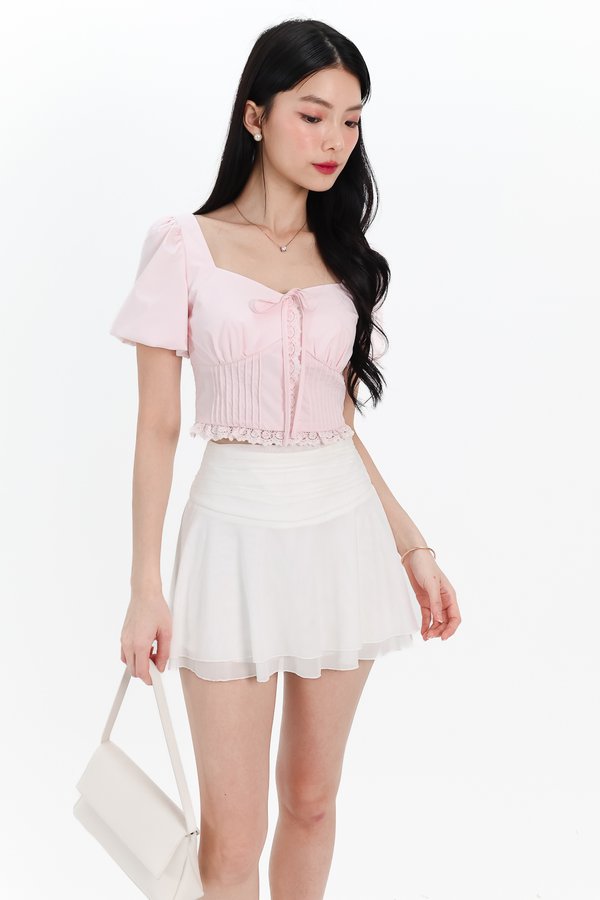 Lyrie Lace Trimmings Sleeved Top in Pastel Cool Pink