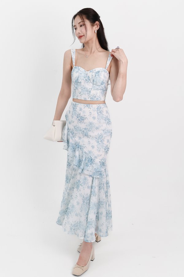 Fauna Floral Printed Co-ord Maxi Skirt in Blue Florals ( Petite Length )