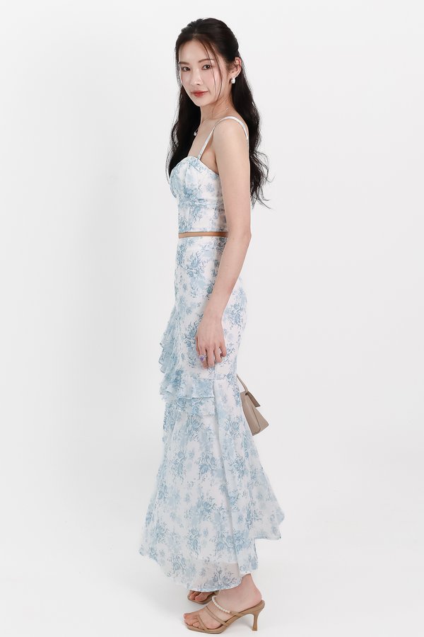 Fauna Floral Printed Co-ord Maxi Skirt in Blue Florals ( Regular Length )