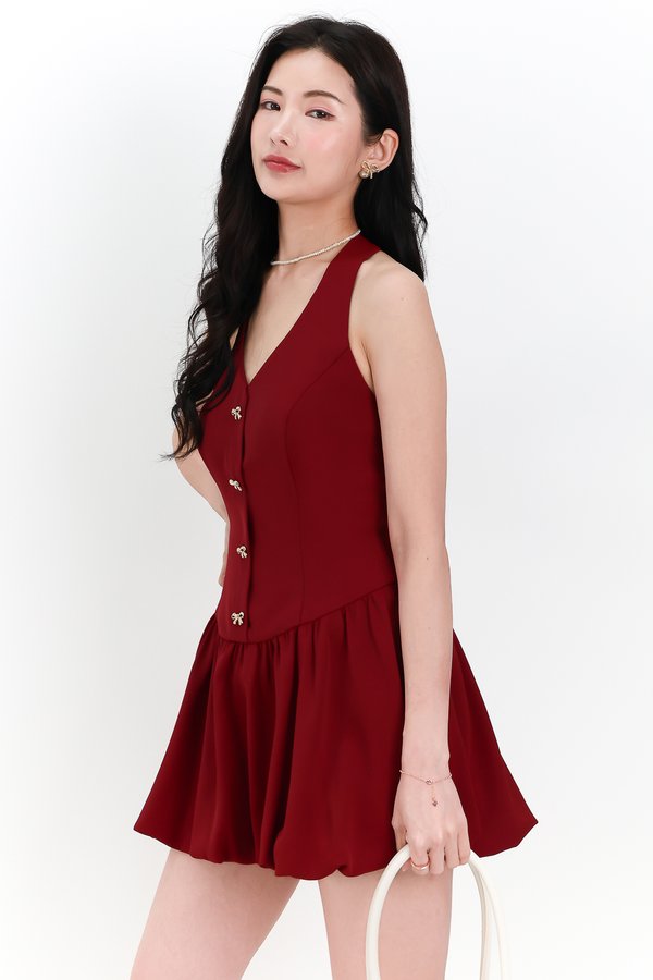 Hailey Halter Bubble Hem Romper Dress in Dark Red