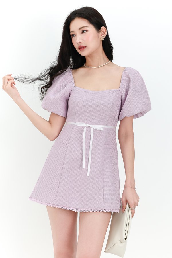 Tia Tweed Sleeved Romper Dress in Lilac